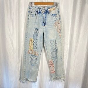 Vintage Almost Famous Floral Patchwork Distressed Acid Denim Mom Jeans Size 7